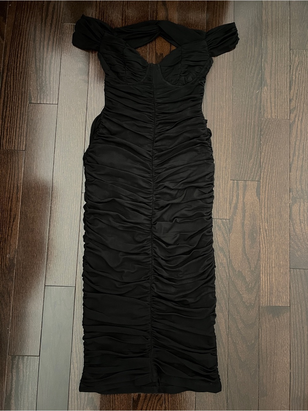 Off-Shoulder Ruched Midi Dress